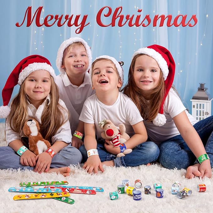 48 Pieces Christmas Slap Bracelets for Kids, 24 Styles Colorful Christmas Slap Wristbands Bulk for Kids Christmas Party Favors Toys Prizes Goodie Bags Fillers