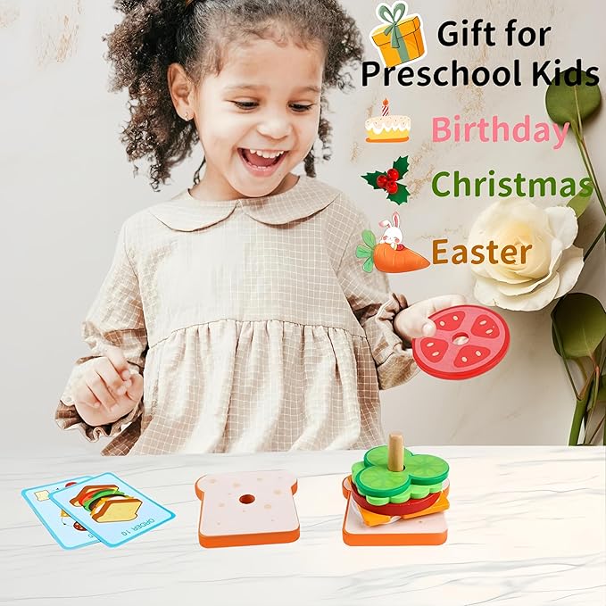 Montessori Toys for 3+ Year Old, Wooden Sandwich Stacking Food Toys for Toddlers 3 4 5, Preschool Learning Activities Fine Motor Toys, Kids Educational Gift for Boys Girls Birthday Christmas