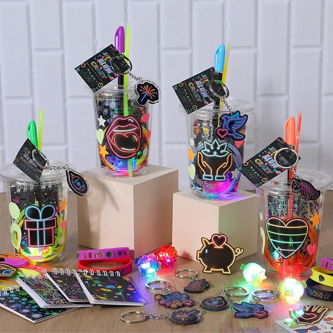 191 Pcs Glow in the Dark Party Supplies for Kids Adults Include Pet Cup Glow Stick Ring Notebook Highlighter Bracelet Sticker Keychain for DIY Birthday Neon Disco Party Decorations
