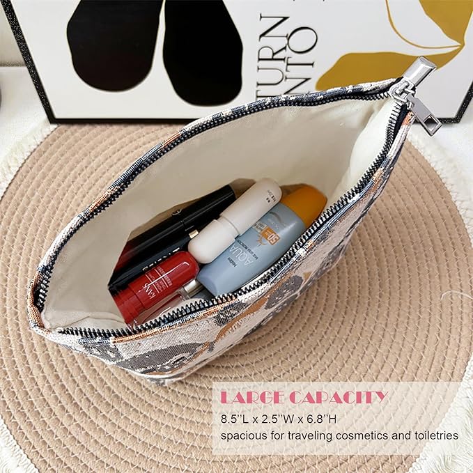 HAPPYHEIDI Cute Canvas Makeup Bag Cosmetic Toiletry Travel Pouch Car Handbag Organizer, Jacquard Golden Hirundo Rustica, Creamy Beige