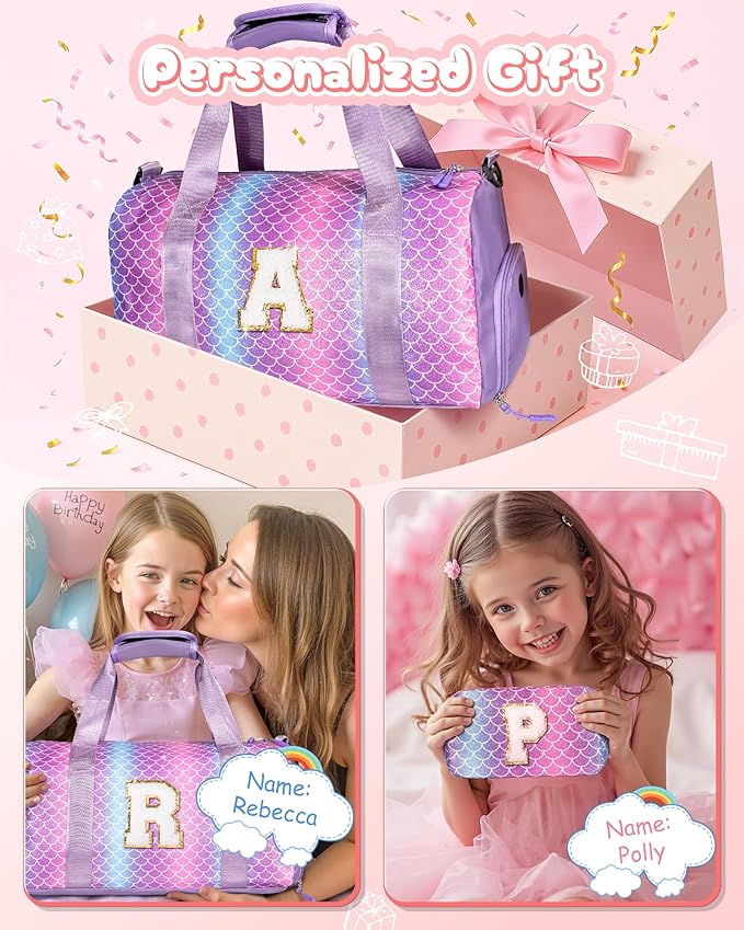 Girls Birthday Gifts Age 8-10-Girl Gym Bag with Shoe Compartment, Kid Personalized Weekender Overnight Bags, Initial Travel Tote with Makeup Pouch, Gift Ideas for Niece Sister (Letter W)