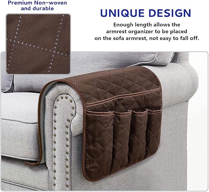 Sofa Armrest Organizer Non-Slip Arm Chair Bedside Caddy Storage Organizer for Recliner Couch with 5 Pockets for Cell Phone TV Remote Control Magazines (DARK BROWN)