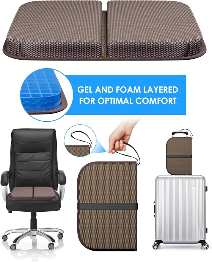 WISIMMALL Gel Seat Cushion Portable Massage Travel Cushions, 14.5" x 10.5" Thick Foldable Seat Cushion for Car Office Chair Wheelchair Hip, Coccyx, Sciatica, Pressure Sores Tailbone Pain Relief