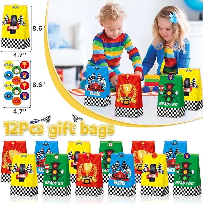 96Pcs Race Car Party Favors, Race Car Birthday Party Supplies Include Mini Race Cars Bubble Wands Straw Slap Bracelet DIY Stickers Tattoo Stickers Car Bags for Kids Race Car Themed Decorations