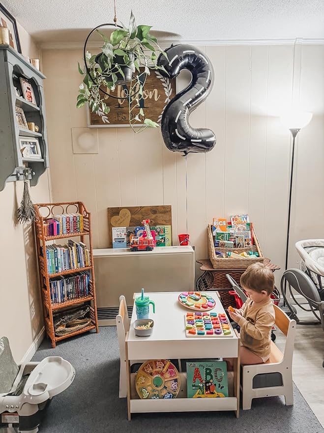 Asweets Kids Table and Chair Set, 4 in 1 Toddler Desk with Storage Drawer,Wooden Activity Table for 2 in 1 Detachable Tabletop,Bookshelf,Suitable for Classroom,Home,Nursery,Playroom (Natural White)