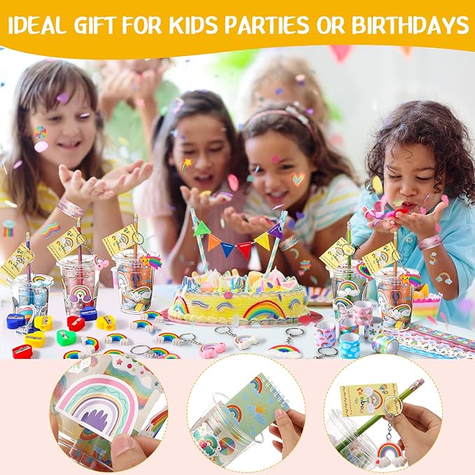 251 Pcs Party Favors Set Includes Drink Gift Cup Mini Notebooks Pencils Heart Eraser Pencil Sharpener Slap Bracelets Ruler Tattoo Stickers Cards Keychain School Stationery Set(Rainbow)