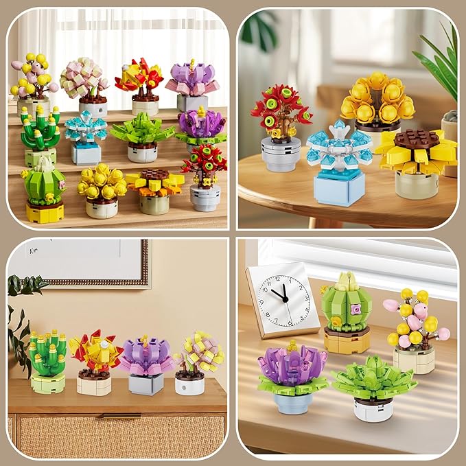 Succulents Flowers Botanical Collection Building Set, 12 Exquisite Succulent Bonsai Plants Home Office Decor, Compatible with Lego, Creative Ideal Gift Toy for Adults Girls Boys