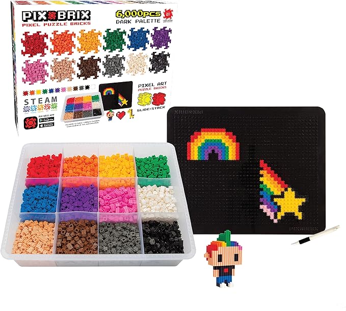 Pix Brix Pixel Art Puzzle Bricks – 6,000 Piece Pixel Art Container, 12 Color Dark Palette – Interlocking Building Bricks, Create 2D and 3D Builds Without Water or Glue – Stem Toys, Ages 6 Plus