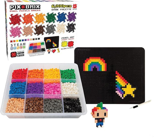 Pix Brix Pixel Art Puzzle Bricks – 6,000 Piece Pixel Art Container, 12 Color Dark Palette – Interlocking Building Bricks, Create 2D and 3D Builds Without Water or Glue – Stem Toys, Ages 6 Plus