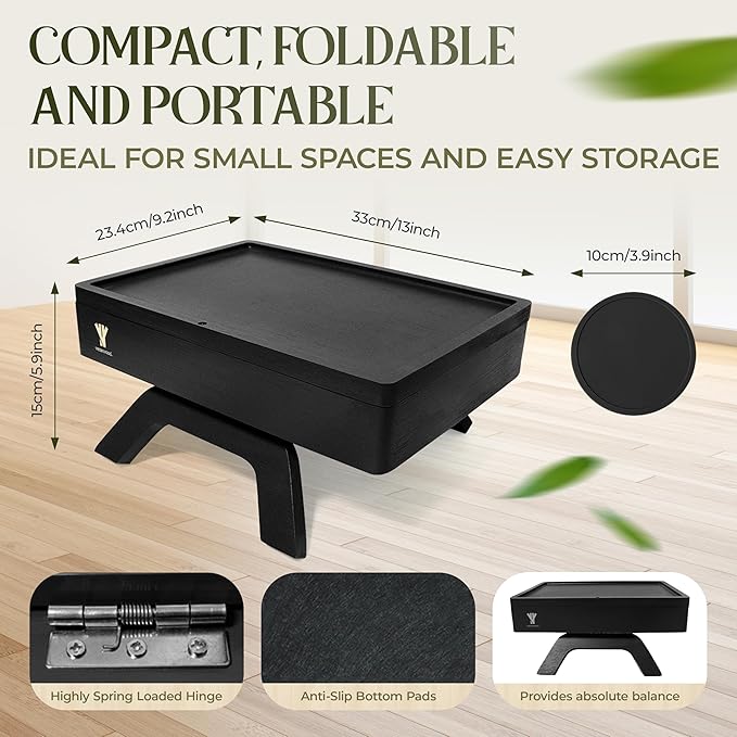 Bamboo Couch Arm Table, Sofa Arm Tray, 360 Rotating Table, Clip On Side Table for Couch, Perfect Size for Remotes, Storage and Includes 4 Bonus Coasters, 13x9.25x2.5in, Black