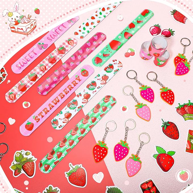 196 Pieces Strawberry Party Favors Include Sweet Berries Slap Bracelets Stickers Keychains for Berry Birthday Party Supplies Sweet One Party Summer Fruit Goodie Bag Fillers