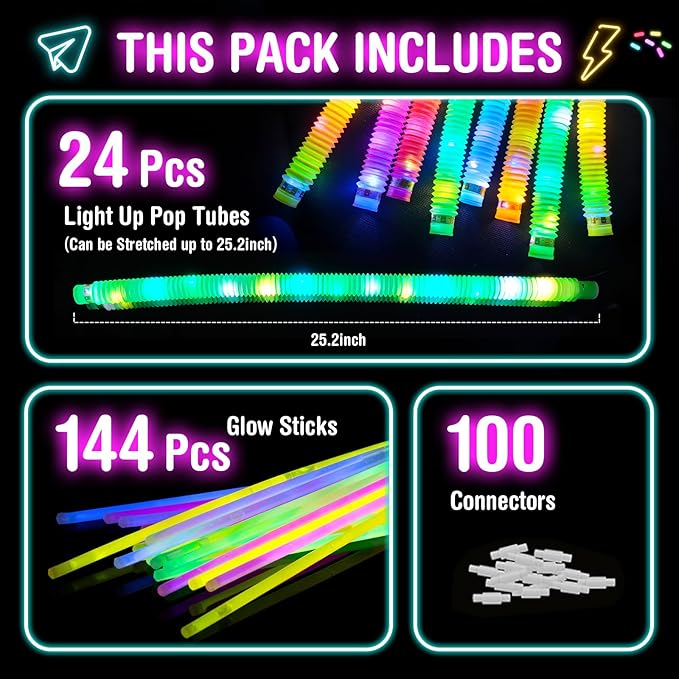 168Pcs LED Glow Sticks Pop Tubes Pack - Valentines Day Light up Party Favors for Kids 4-8 8-12, Toddlers Goodie Gift Bag Stuffer Fillers, Neon Party Decorations Toys Gifts for Birthday Halloween Dance