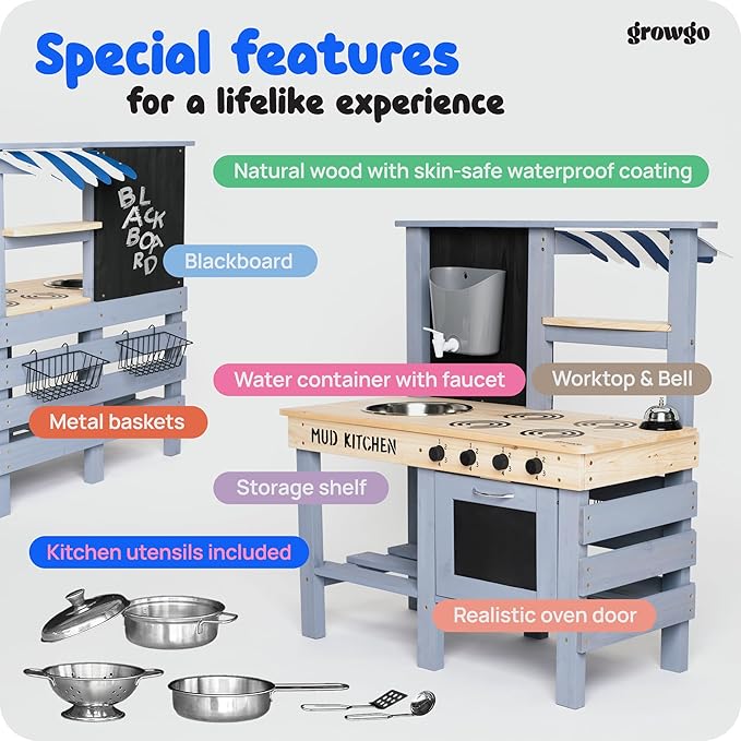 2-in-1 Mud Kitchen for Kids Outdoor with Utensils, Grocery Store Pretend Play - Lemonade Stand and Market Playset for Outdoor Fun - Perfect for Cooking, Role-Playing, and Creative Imagination