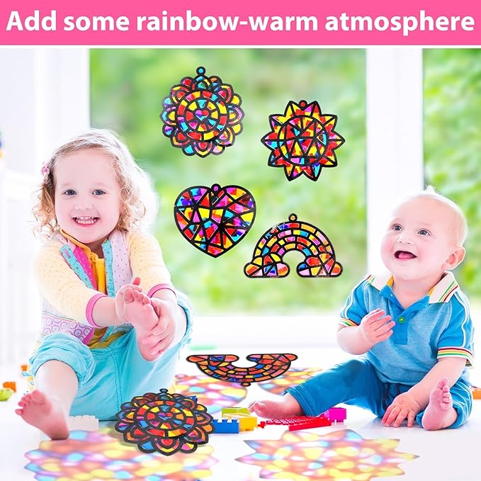 32Pcs Window Suncatcher Kit Spring Window Art DIY Suncatcher Crafts for Kids Rainbow Heart Sun Catcher Craft Stained Glass Effect Tissue Paper Valentine's Day Party Favors Classroom Decor