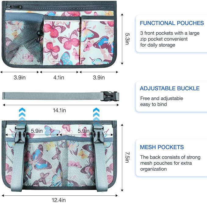 Wheelchair Bag, Walker Bag, Wheelchair Side Bag, Armrest Organizer Pouch with Cup Holder Attachment and Reflective Strip, Accessories for Most Wheelchairs, Walker, Rollators, Butterfly