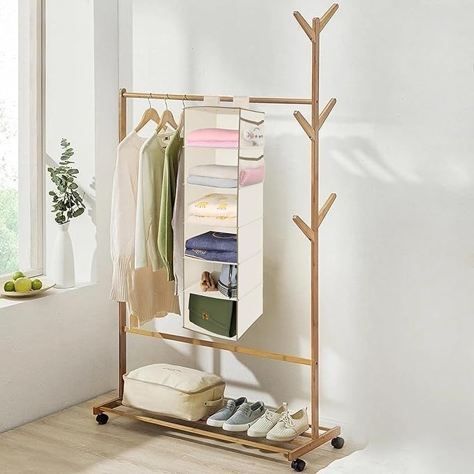MAX Houser 6 Tier Shelf Hanging Closet Organizer, Closet Hanging Shelf with 2 Widen Straps for Storage, Foldable (Beige2) | Shelf, 2 Widen Straps, Storage