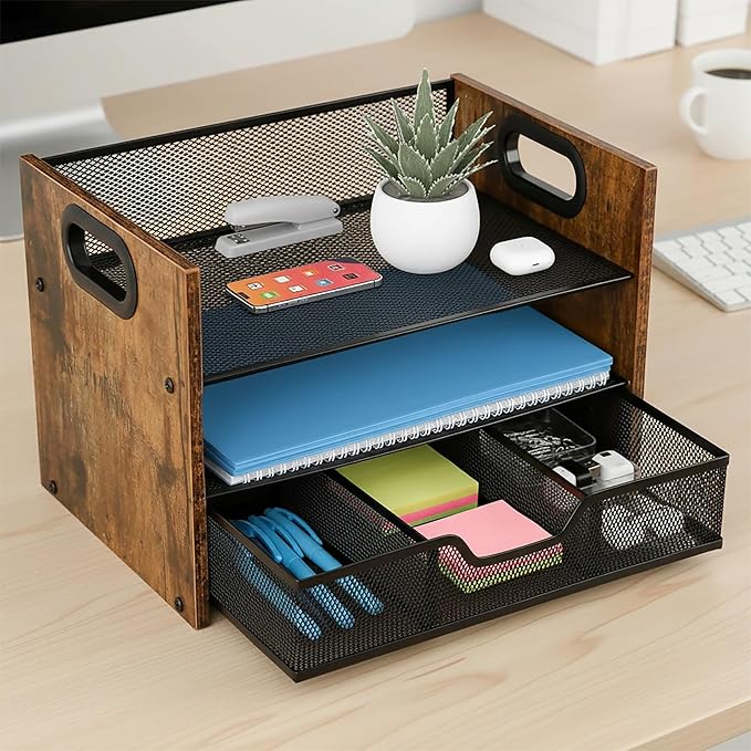 Wood Desk Organizer - 3-Tier Desktop File Organizer with Drawer, Wooden Paper Tray, Office Desk Organzier and Accessories for Papers, Mail, Notebooks, Stationery