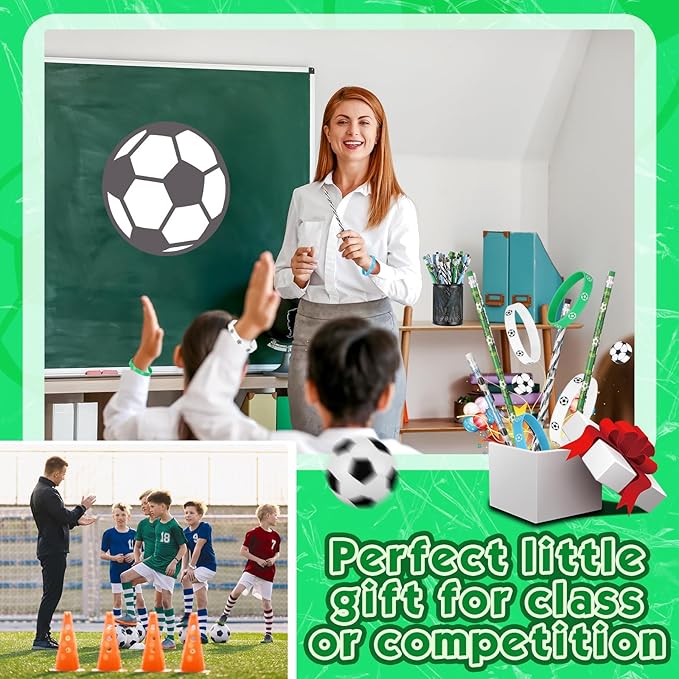 Gueevin 108 Pcs Soccer Party Favors Set 36 Soccer Pencils 36 Soccer Erasers 36 Silicone Bracelets Sport Pencil Wristbands Fun Erasers Bulk for Kids Student Teacher Office Birthday (Green, White, Blue)