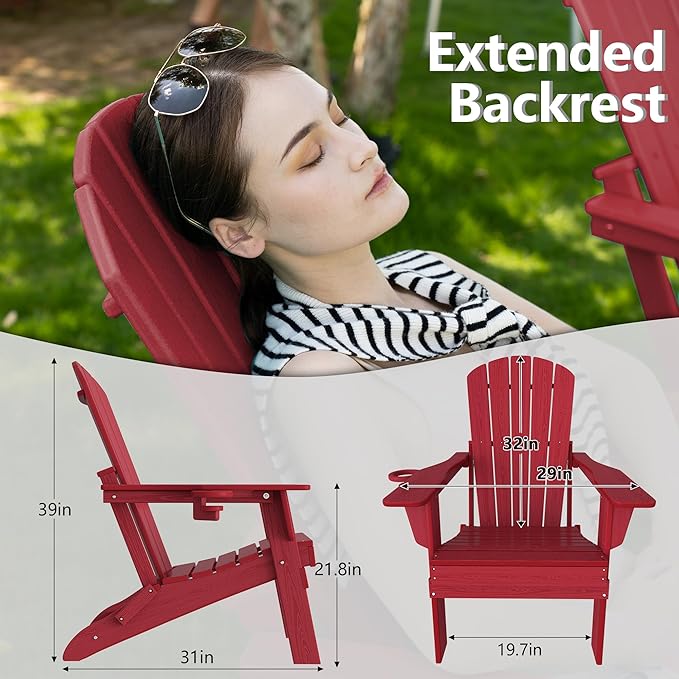 Plawdlik Folding Adirondack Chair, SGS Tested, Wooden Textured with Cup Holder, Heavy All-Weather HDPE Outdoor Chairs for Patio Backyard Lawn,Red