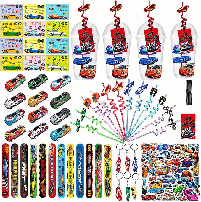 128 Pcs Race Car Party Favors, Race Car Birthday Party Decoration, Christmas Race Car Party Decoration, Including Cup Straw Buckle Bracelet Mini Car Stickers Keychain For New Year Gifts Party Supplies