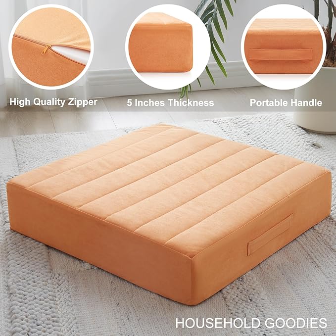 2 Pcs High Density Foam Floor Pillow - Upgraded Large Pillows Seating for Adults - Outdoor Floor Cushion with Soft Tufted Cover - Yoga Pillows for Sitting On Floor - 22 Inch Orange