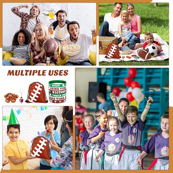 LEIFIDE 48 Pcs Basketball Soccer Football Baseball Party Favors Supplies 12 Silicone Bracelet 12 Drawstring Treat Bag 12 Mini Stress Ball 12 Keychains for Birthday Sports Party Supplies (Football)