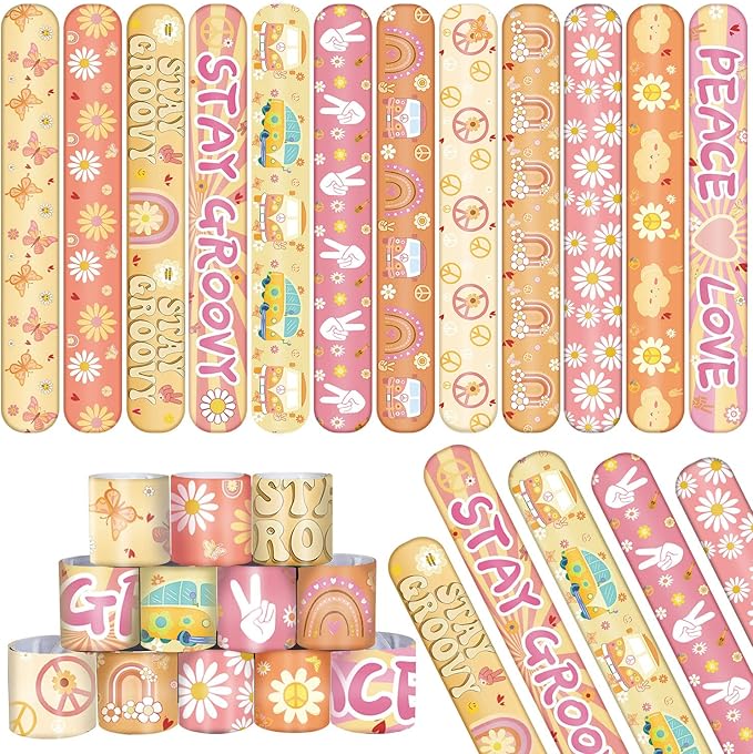 60 Pieces Groovy Slap Bracelets Hippie Boho Wristbands Daisy Flower Peace Rainbow Butterfly and Love Bracelets for 60s 70s Groovy Party Favors Gifts Birthday Party Supplies Decorations