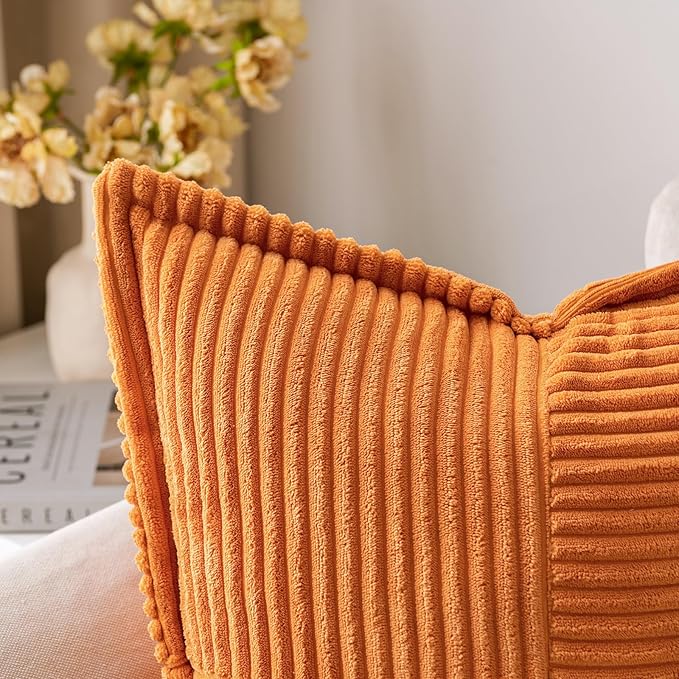 MIULEE Burnt Orange Decorative Throw Pillow Covers for Couch Bed Livingroom 20x20 Inch Set of 2 Boho Accent Throw Pllows Broadside Striped Patchwork Soft Corduroy Pillowcases