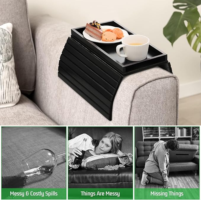 Couch Armrest Table, Bamboo Couch Cup Holder, Couch Cup Holder Tray, Sofa Arm Tray, Armchair Caddy 12.4" x 5.5" with Nonslip Felt Bottom, Sturdy Bamboo Slats for Armrests 6" and Wider (Black)