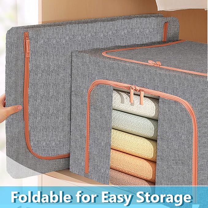 100L Large Storage Bags,Linen Stackable Clothes Storage Bins with Hold Shape Metal Frame,2 Opening Ways Fabric Visible Lidded Foldable Closet Organizers for Seasonal Clothing,Bedding (3, 100L)