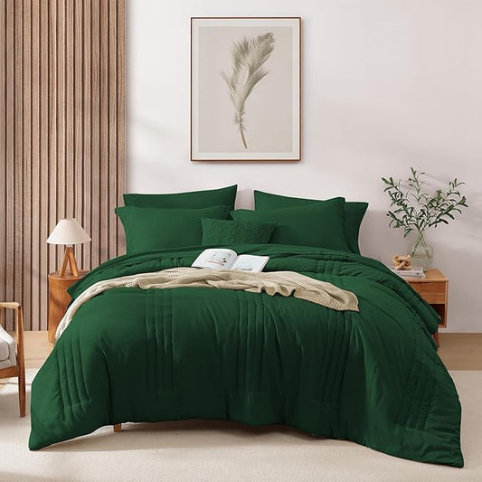 Monbix Full Comforter Set - 7 Pieces Emerald Green Bed in a Bag Full Size Bedding Sets with Comforters, All Seasons Comforter with Sheets, Pillowcases & Shams