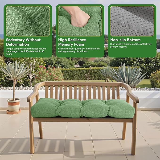 Waterproof Bench Cushion 36 Inch - Oliven Fabric, High-Density Foam, Non-Slip Bottom, Soft Durable Outdoor Tufted Long Seat Cushion for Window Garden Furniture (Green, 36x14x4 Inch)