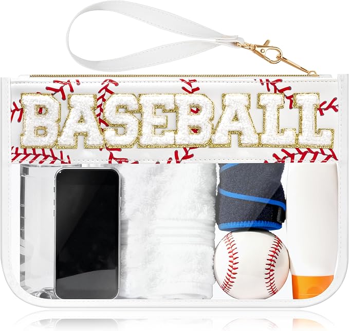 BuyCard Baseball Gifts Makeup Bag with Chenille Letter Patch, Clear Cosmetic Pouch PVC Organizer Purse, Waterproof Travel Bag, Portable Toiletry Storage Bag for Her Friends