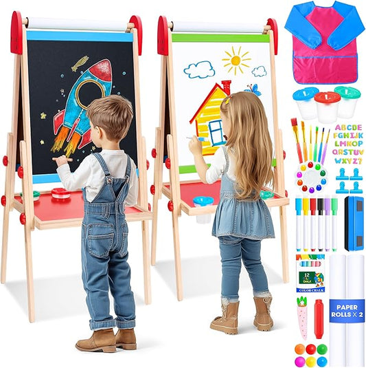 Art Easel for Kids, 3 in 1 Adjustable Double Sided Kids Easel with Magnetic Whiteboard, Chalkboard, 2 Paper Rolls and Accessories, All in One Wooden Toddler Easel, Art Easel for Kids Ages 2-4 4-8 8-12