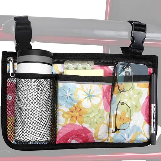 Wheelchair Side Bag, Upgrade Flower Color Wheelchair Armrest Storage Pouch with Cup Holder and Reflective Strip, Made with Waterproof Fabric, for Most Wheelchairs, Walkers and Rollators (Flower Color)