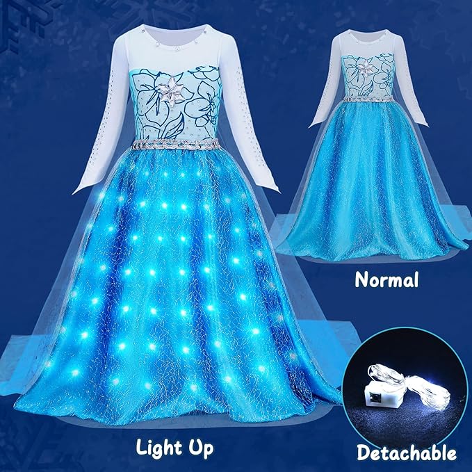 G.C Girls Light Up Elsa Dress Costume Toddler Princess Dress Up with Cape Kids Elsa Wig Crown Toys Halloween Cosplay