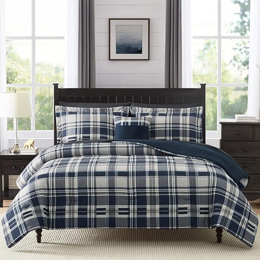 MaiRêve Full Size Comforter Set Navy Blue, Plaid Design Comforter Set 7 Pieces, All Season Comfortable Bedding Sets Full, Lightweight, Soft and Warm (Navy Blue, Full)