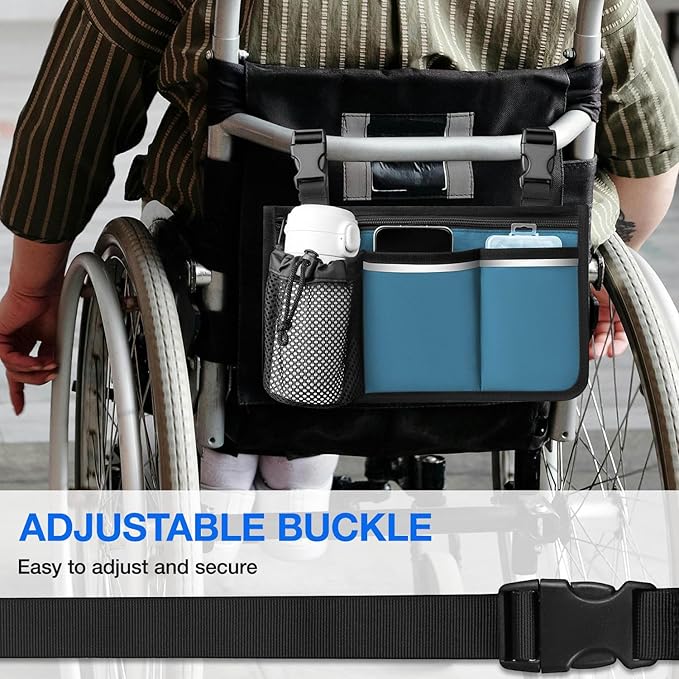 Wheelchair Bag, Walker Bag, Armrest Organizer Pouch with Cup Holder Attachment and Reflective Strip, Accessories for Most Wheelchairs, Walker, Rollators (Sea Blue)