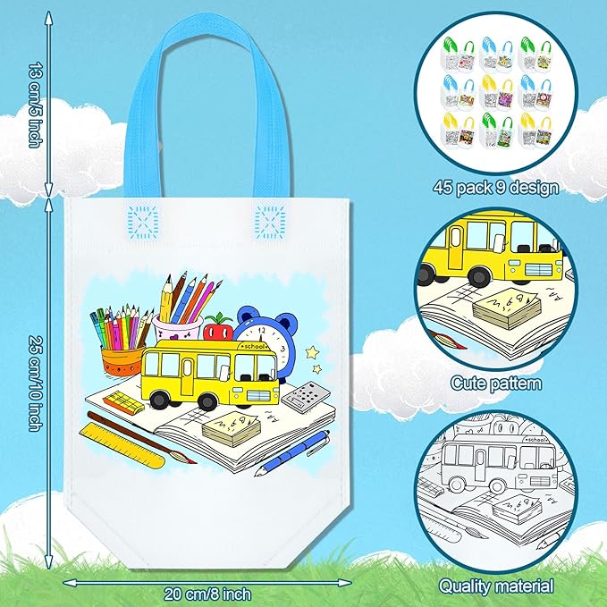 Kacctyen 45 Pcs Back to School Coloring Goodie Bags Reusable Back to School Art Party Favor Paint Bags for Kids Farmhouse Theme Barnyard Birthday Bags Color Your Own Bag Graffiti Goodie Bags, 9 Styles