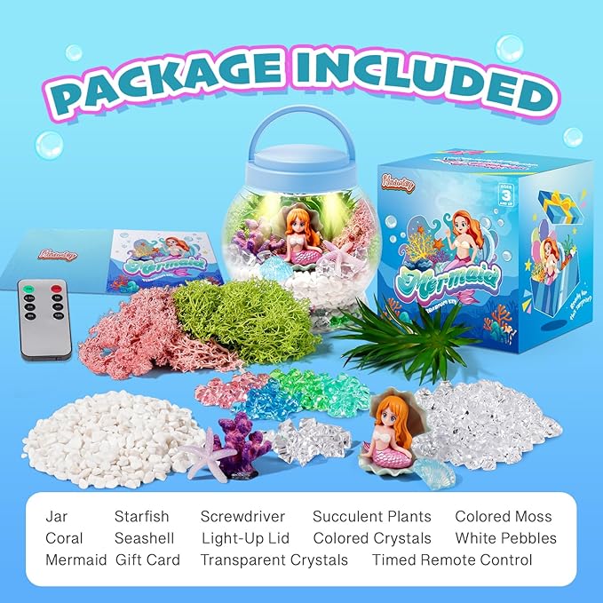 Kids Terrarium Kit, Light-Up Mermaid Toys for Girls 4-6, DIY Arts & Crafts Kits for Kids with Remote Control, Preschool Learning & Educational Science Kits, Gift Ideas for Birthday Christmas