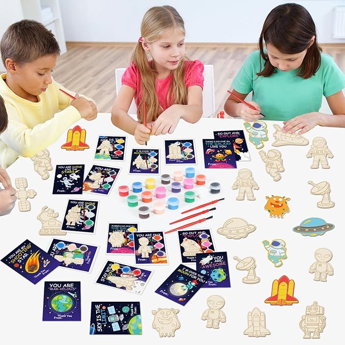 24Pcs Space Party Favors Space Cards with Art Supplies Outer Space DIY Wood Painting Craft Kits Astronaut Thank You for Coming Gifts for Kids Boys Girls Solar System Birthday Gift Bulk (Pre-Assembled)