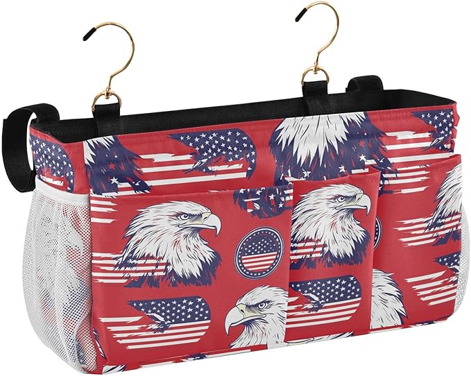 American Flag Bald Eagle Red Bedside Caddy for Dorm Bed Bedside Hanging Caddy Bag Iron Frame Storage Organizer Pocket for Bunk Home College Hospital Beds 2 Hooks
