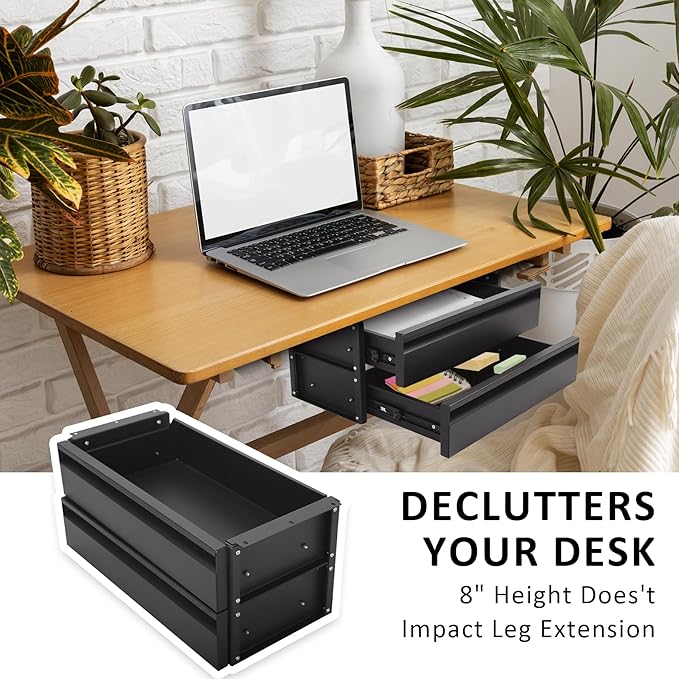 15 in 2-tier Under Desk Drawer,Adjustable Height, Pull out Storage Organizer with Slide Extension Mounted Under Flat Wooden Table or Workbench, Carbon Steel Hidden Desk Drawer