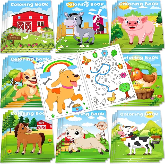 24Pcs Farm Animals Mini Coloring Books for Kids Party Favors Bulk Gift Cows Horses Barns Small Art Drawing Book for Goodie Bags Stuffer for Holiday Birthday Party School Classroom Activity Supplies