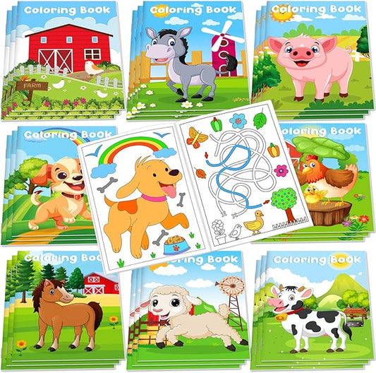 24Pcs Farm Animals Mini Coloring Books for Kids Party Favors Bulk Gift Cows Horses Barns Small Art Drawing Book for Goodie Bags Stuffer for Holiday Birthday Party School Classroom Activity Supplies