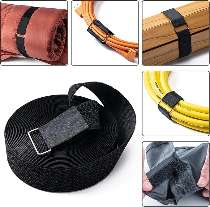 1.5" x16Ft Hook and Loop Straps Cinch Straps Heavy Duty with 16 Metal Buckles, Adjustable Fastening Cable Straps, Free Cut Length, Reusable Nylon Cable Ties for Organizer or Storage