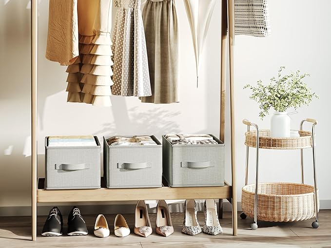 3 Pack Fabric Storage Bins for Shelves | 16.25x12x10in Closet Storage Baskets | Collapsible Storage Bins |Fabric Closet Organizers with Handles | Light Gray