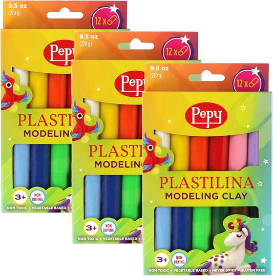 Pepy Plastilina Reusable and Non-Drying Modeling Clay; Set of 36; 3 Each of 12 Colors, 0.8 Ounces Each, Perfect for Arts and Crafts Projects