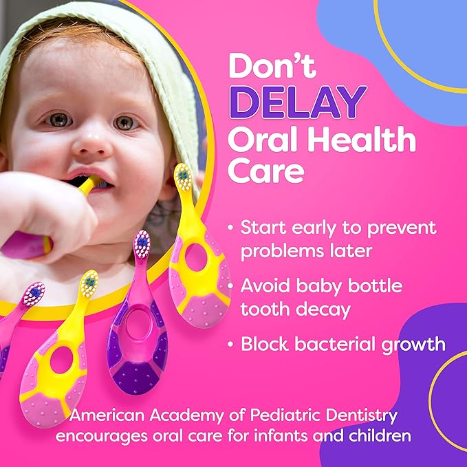 Trueocity Baby Toothbrush 4 Pack & Bonus Silicone Finger Brush, Soft Bristles, Toddler Toothbrushes, Infant & Training w/Teething Handle, 0-2 Years, Pink Set