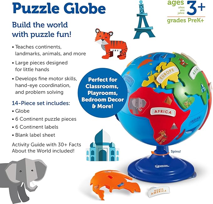 Learning Resources Puzzle Globe - 14 Pieces, Ages 3+ Preschool Learning Toys for Boys and Girls, Earth Globe for Kids